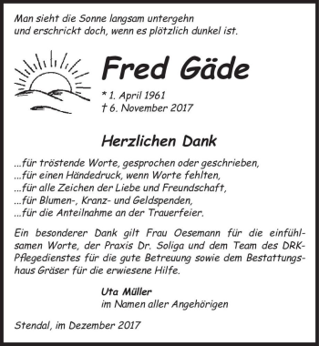 Traueranzeige von Fred Gäde  von Magdeburger Volksstimme
