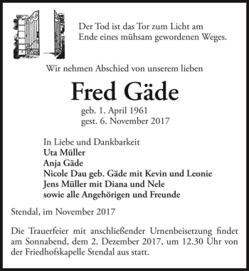 Traueranzeige von Fred Gäde  von Magdeburger Volksstimme