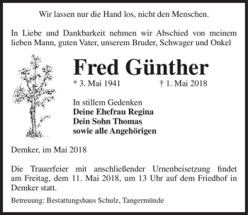 Traueranzeige von Fred Günther  von Magdeburger Volksstimme