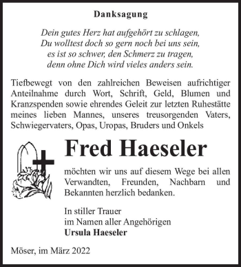 Traueranzeige von Fred Haeseler  von Magdeburger Volksstimme