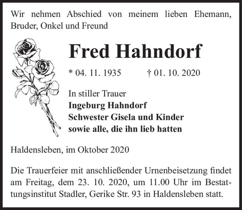  Traueranzeige für Fred Hahndorf  vom 10.10.2020 aus Magdeburger Volksstimme