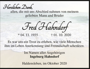 Traueranzeige von Fred Hahndorf  von Magdeburger Volksstimme
