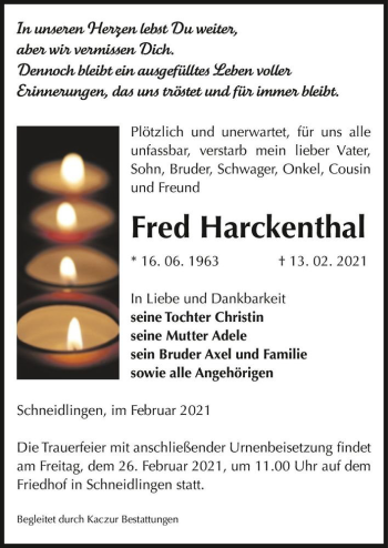 Traueranzeige von Fred Harckenthal  von Magdeburger Volksstimme