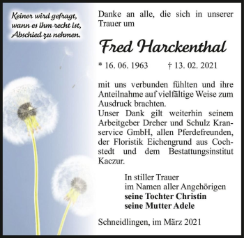 Traueranzeige von Fred Harckenthal  von Magdeburger Volksstimme