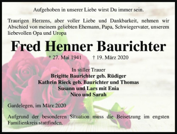 Traueranzeige von Fred Henner Baurichter  von Magdeburger Volksstimme