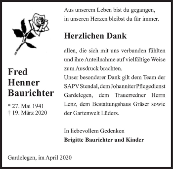 Traueranzeige von Fred Henner Baurichter  von Magdeburger Volksstimme