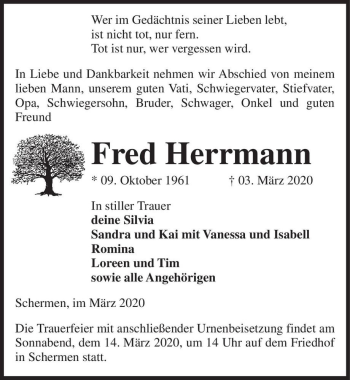 Traueranzeige von Fred Herrmann  von Magdeburger Volksstimme