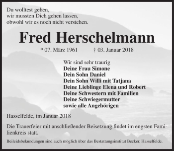Traueranzeige von Fred Herschelmann  von Magdeburger Volksstimme