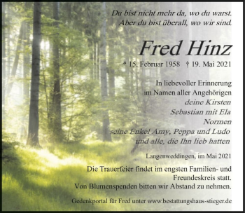 Traueranzeige von Fred Hinz  von Magdeburger Volksstimme