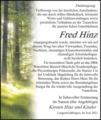 Traueranzeige von Fred Hinz  von Magdeburger Volksstimme