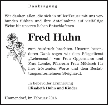 Traueranzeige von Fred Huhn  von Magdeburger Volksstimme