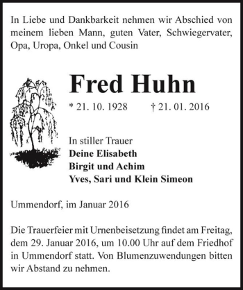 Traueranzeige von Fred Huhn  von Magdeburger Volksstimme