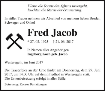 Traueranzeige von Fred Jacob  von Magdeburger Volksstimme