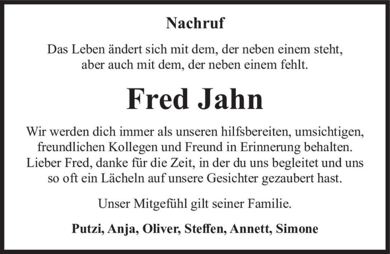  Traueranzeige für Fred Jahn  vom 18.12.2021 aus Magdeburger Volksstimme