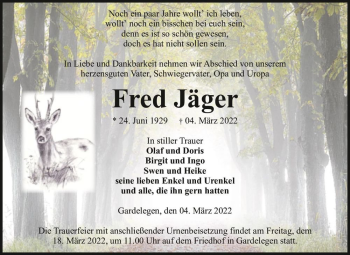 Traueranzeige von Fred Jäger  von Magdeburger Volksstimme