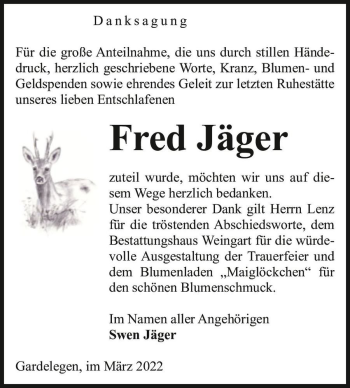 Traueranzeige von Fred Jäger  von Magdeburger Volksstimme
