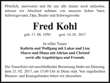 Traueranzeige von Fred Kohl  von Magdeburger Volksstimme