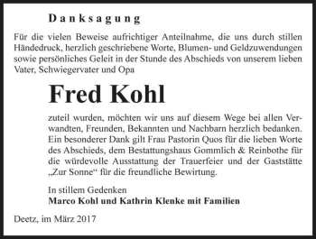 Traueranzeige von Fred Kohl  von Magdeburger Volksstimme