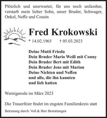 Traueranzeige von Fred Krokowski  von Magdeburger Volksstimme