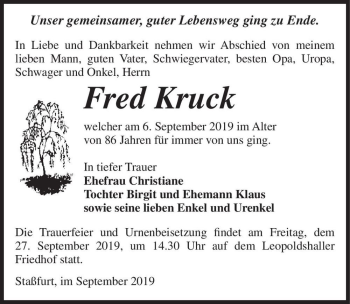 Traueranzeige von Fred Kruck  von Magdeburger Volksstimme