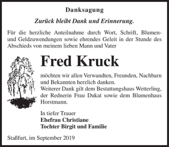 Traueranzeige von Fred Kruck  von Magdeburger Volksstimme