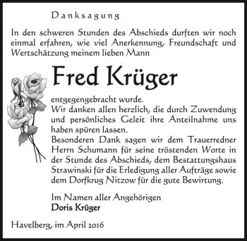 Traueranzeige von Fred Krüger  von Magdeburger Volksstimme