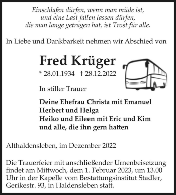 Traueranzeige von Fred Krüger  von Magdeburger Volksstimme