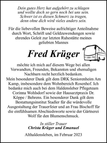 Traueranzeige von Fred Krüger  von Magdeburger Volksstimme