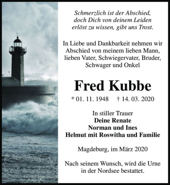 Traueranzeige von Fred Kubbe  von Magdeburger Volksstimme