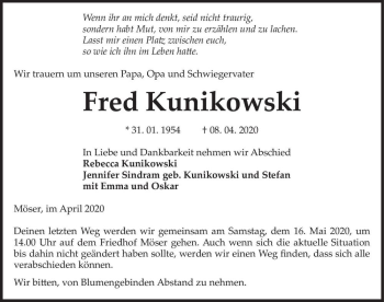 Traueranzeige von Fred Kunikowski  von Magdeburger Volksstimme