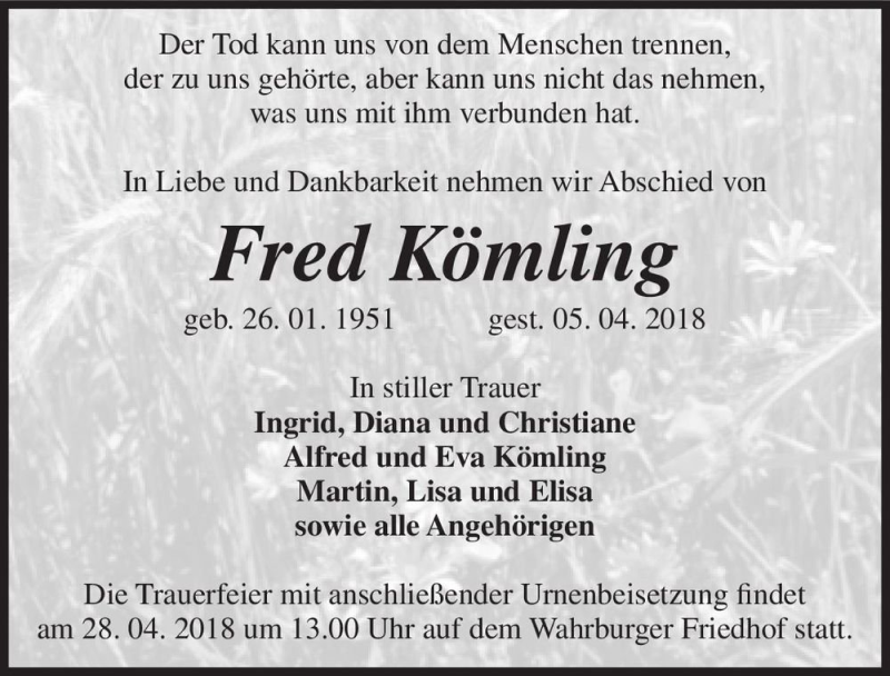  Traueranzeige für Fred Kömling  vom 20.04.2018 aus Magdeburger Volksstimme