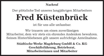 Traueranzeige von Fred Küstenbrück  von Magdeburger Volksstimme