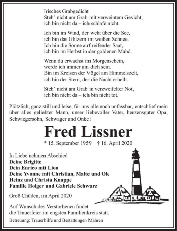 Traueranzeige von Fred Lissner  von Magdeburger Volksstimme