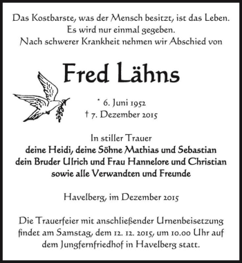 Traueranzeige von Fred Lähns  von Magdeburger Volksstimme