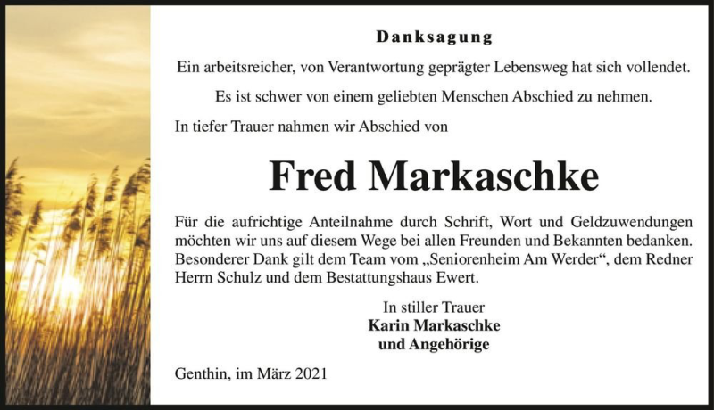  Traueranzeige für Fred Markaschke  vom 06.03.2021 aus Magdeburger Volksstimme