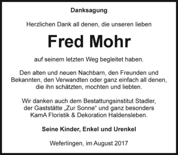 Traueranzeige von Fred Mohr  von Magdeburger Volksstimme