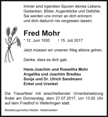 Traueranzeige von Fred Mohr  von Magdeburger Volksstimme