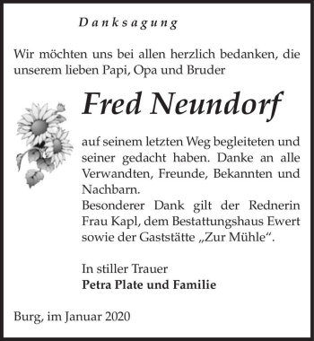 Traueranzeige von Fred Neundorf  von Magdeburger Volksstimme