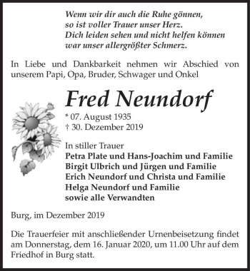 Traueranzeige von Fred Neundorf  von Magdeburger Volksstimme