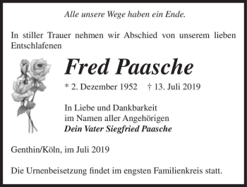 Traueranzeige von Fred Paasche  von Magdeburger Volksstimme