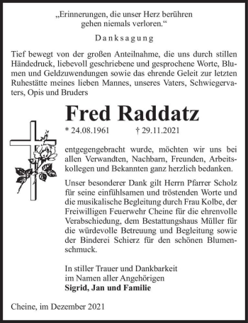 Traueranzeige von Fred Raddatz  von Magdeburger Volksstimme