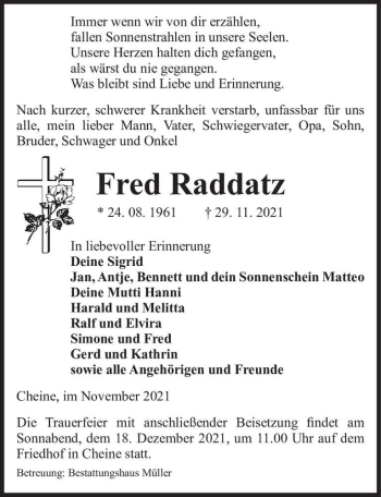 Traueranzeige von Fred Raddatz  von Magdeburger Volksstimme