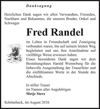 Traueranzeige von Fred Randel  von Magdeburger Volksstimme