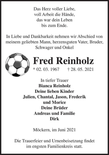 Traueranzeige von Fred Reinholz  von Magdeburger Volksstimme