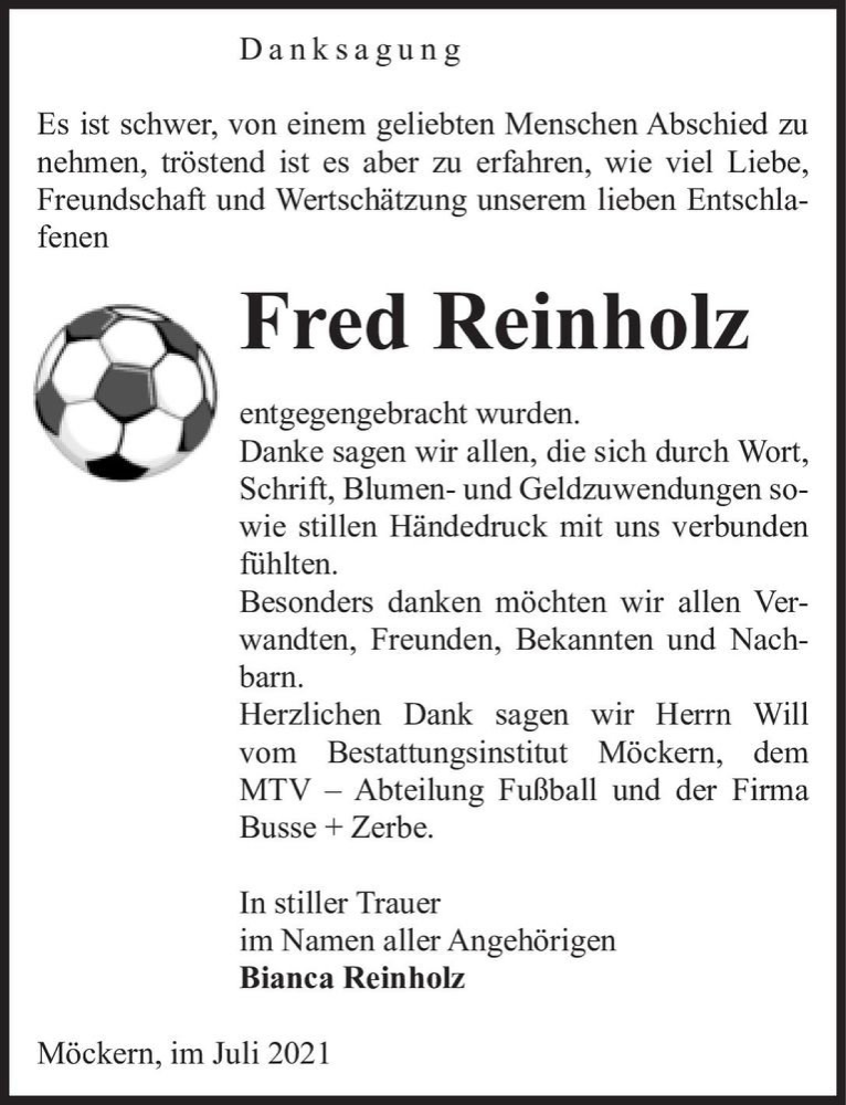  Traueranzeige für Fred Reinholz  vom 03.07.2021 aus Magdeburger Volksstimme