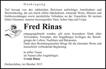 Traueranzeige von Fred Rinas  von Magdeburger Volksstimme