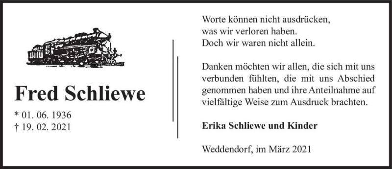  Traueranzeige für Fred Schliewe  vom 20.03.2021 aus Magdeburger Volksstimme