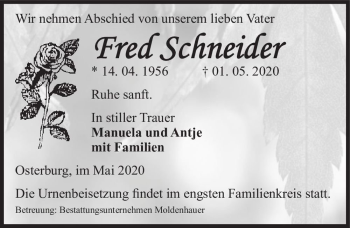 Traueranzeige von Fred Schneider  von Magdeburger Volksstimme