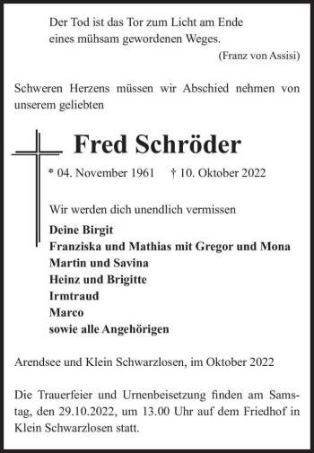 Traueranzeige von Fred Schröder  von Magdeburger Volksstimme