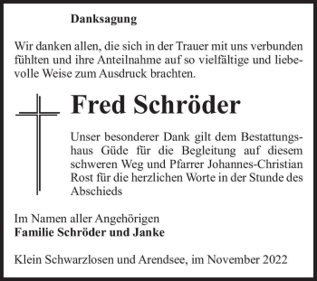 Traueranzeige von Fred Schröder  von Magdeburger Volksstimme